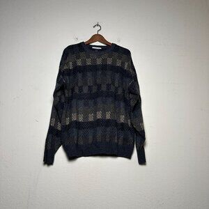 VTG Geoffrey Beene Sweater Men XL Black Brown Grandpa Checkered Knit Acrylic 90s
